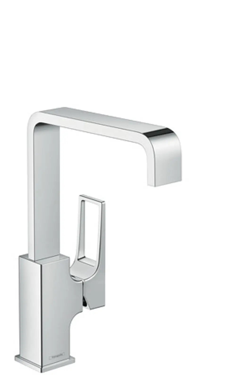 Ein chromfarbener Einhebel-Waschtischmischer von Hansgrohe mit einem Bügelgriff und einer Push-Open Ablaufgarnitur in modernem Design.